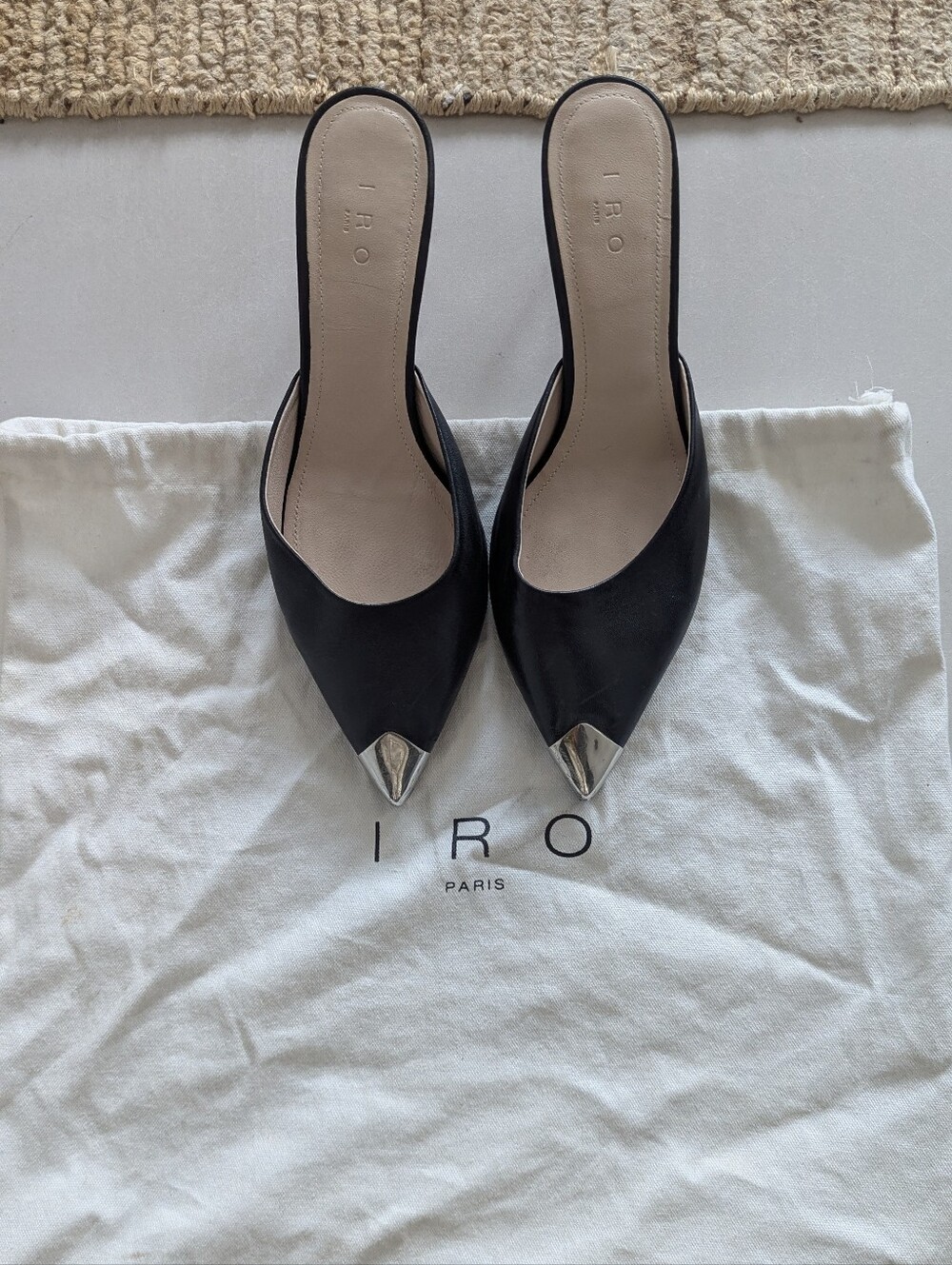 IRO Black Pointed Mule with Silver Toe Cap